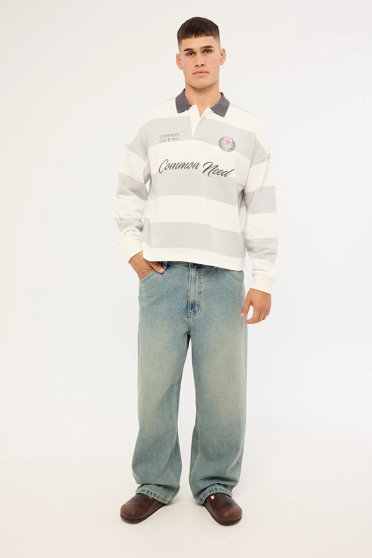 Common Need Stonecrest Cropped Long Sleeve Rugby Polo Grey/Off White Stripe - Image 2