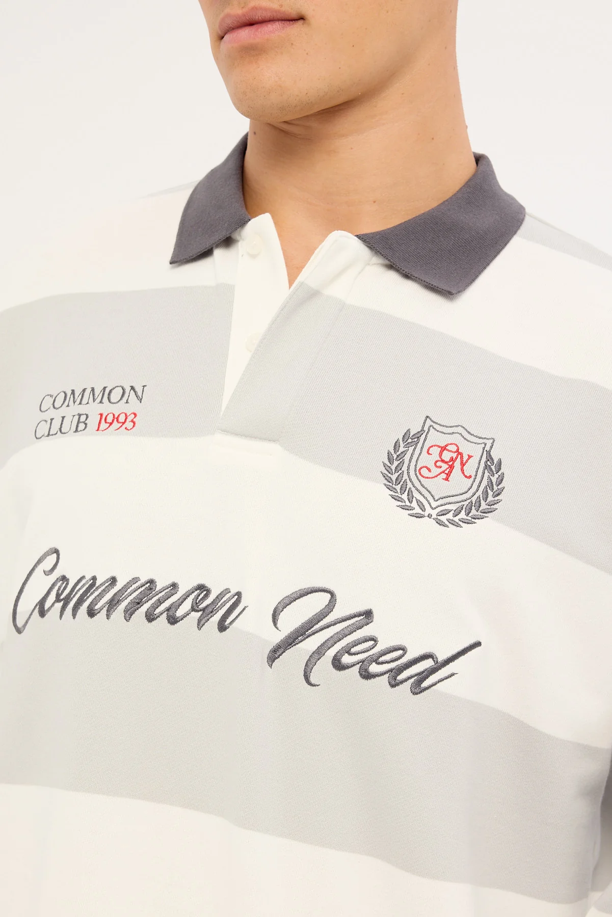 Common Need Stonecrest Cropped Long Sleeve Rugby Polo Grey/Off White Stripe - Image 3