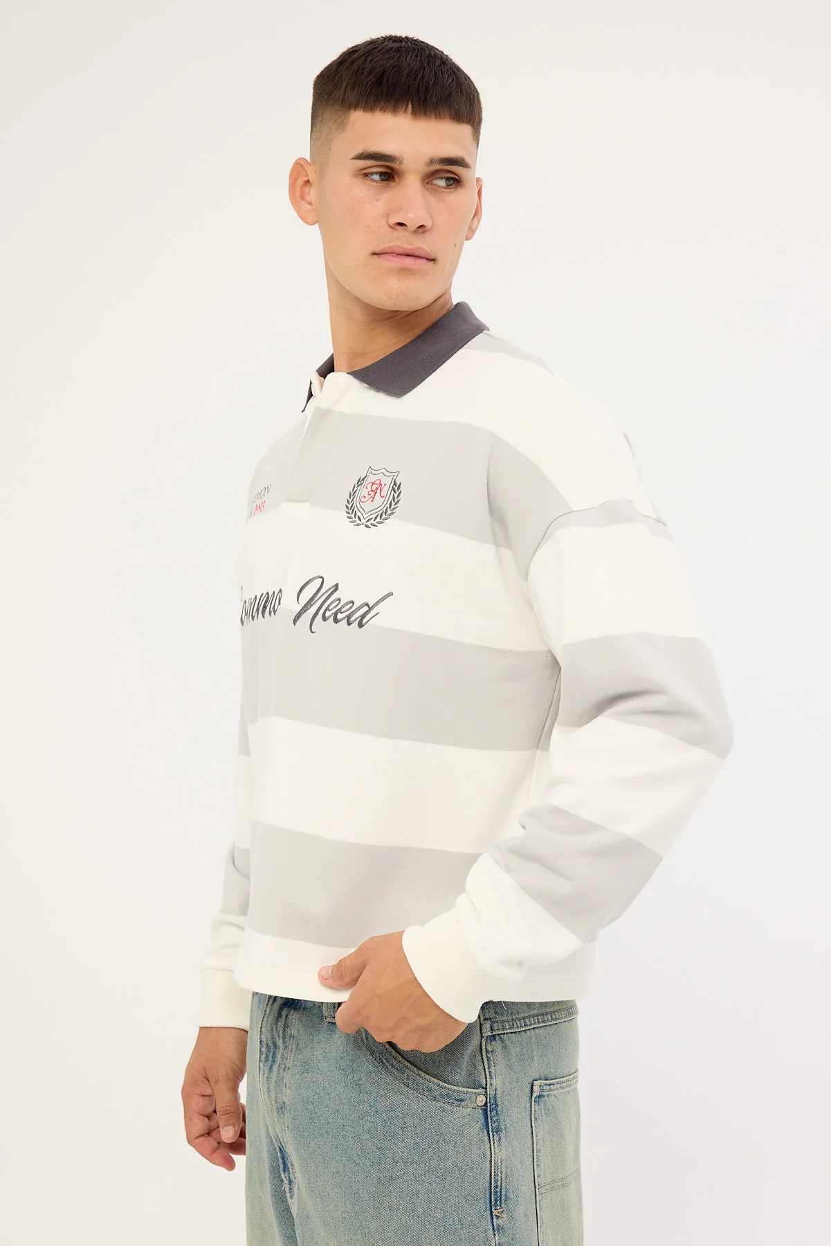 Common Need Stonecrest Cropped Long Sleeve Rugby Polo Grey/Off White Stripe - Image 4
