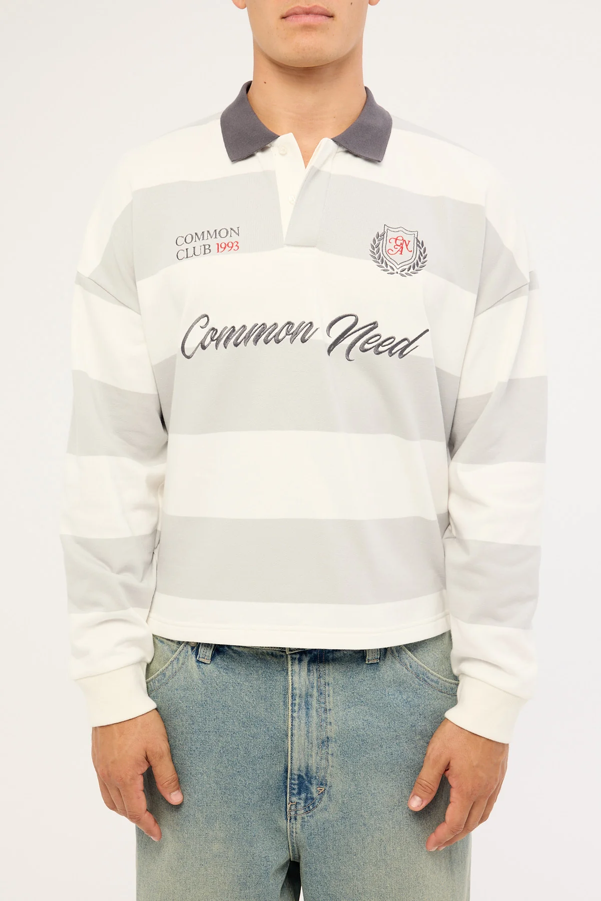 Common Need Stonecrest Cropped Long Sleeve Rugby Polo Grey/Off White Stripe - Image 6