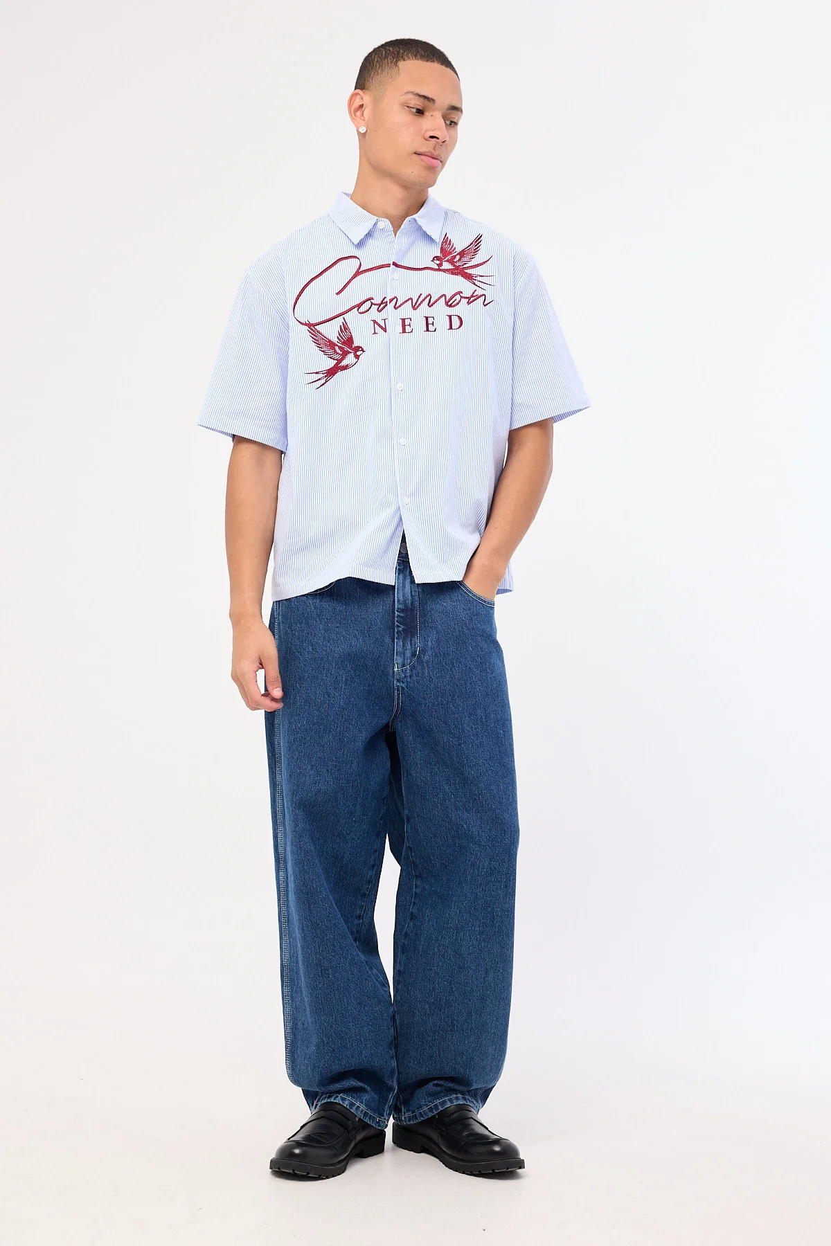 Common Need Swallows Boxy Cropped Shirt Blue Stripe - Image 2