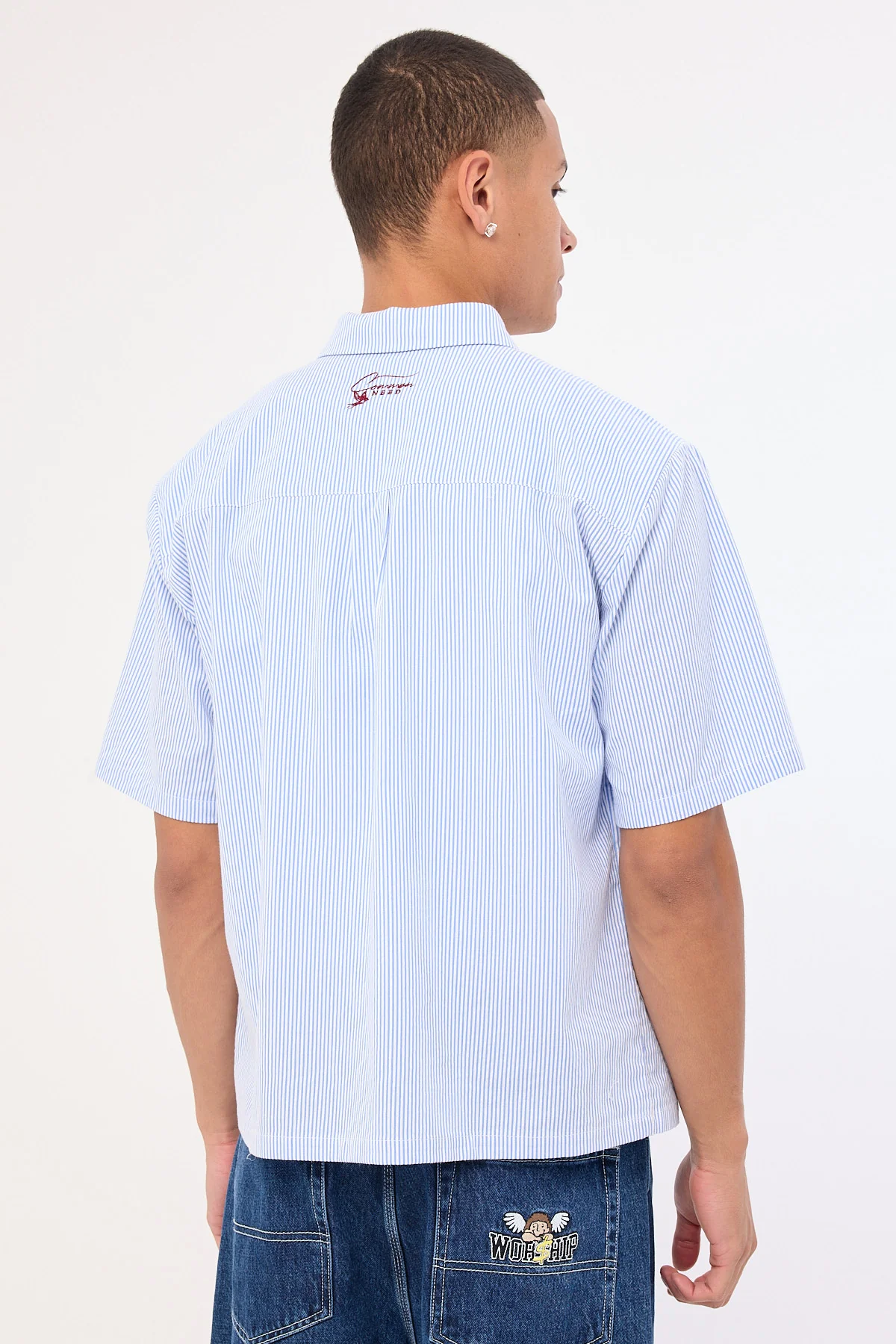 Common Need Swallows Boxy Cropped Shirt Blue Stripe - Image 4
