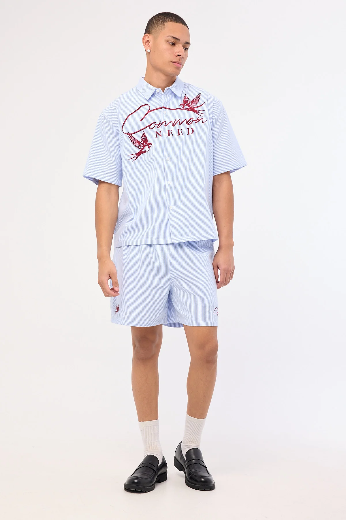 Common Need Swallows Boxy Cropped Shirt Blue Stripe - Image 7