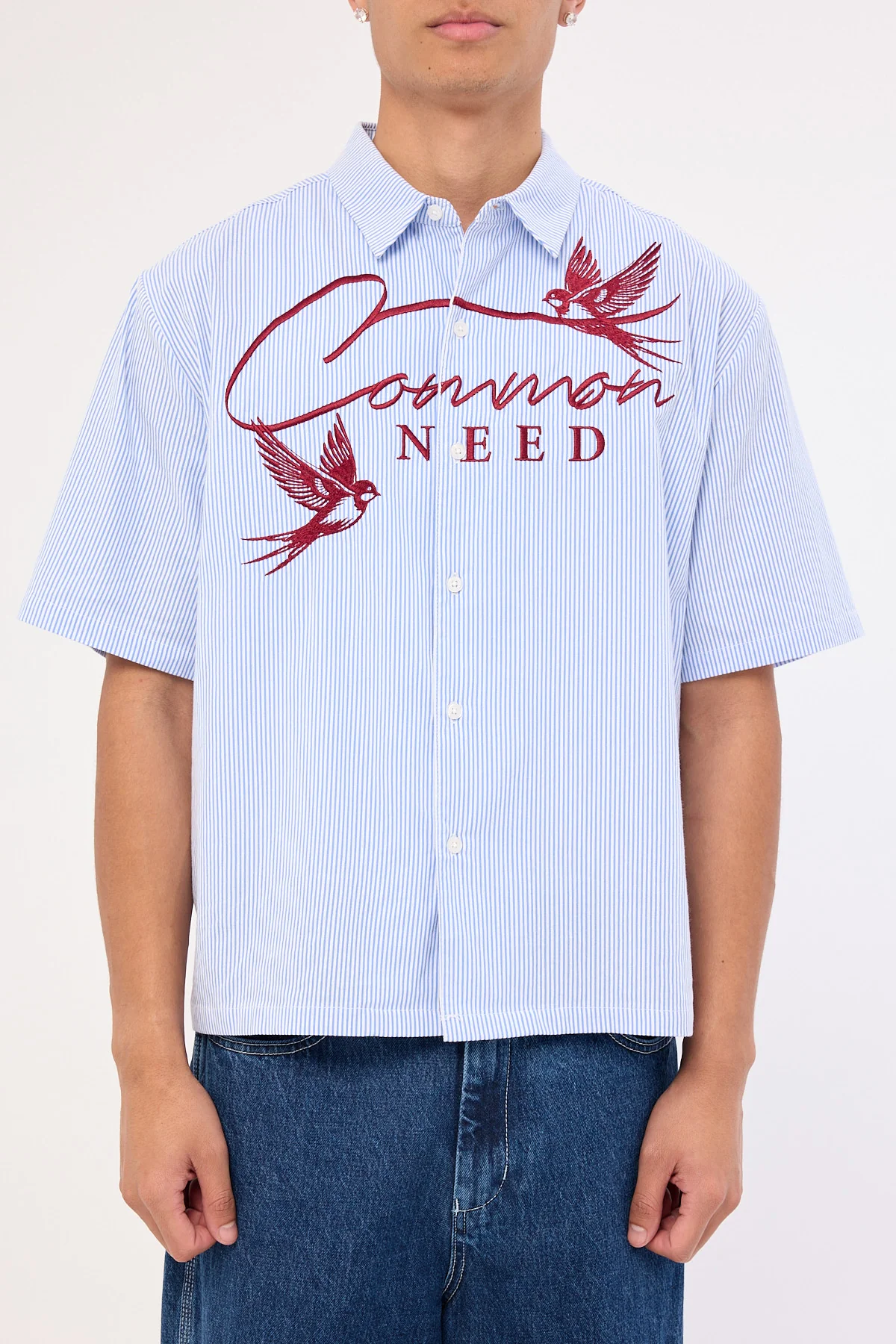 Common Need Swallows Boxy Cropped Shirt Blue Stripe - Image 8
