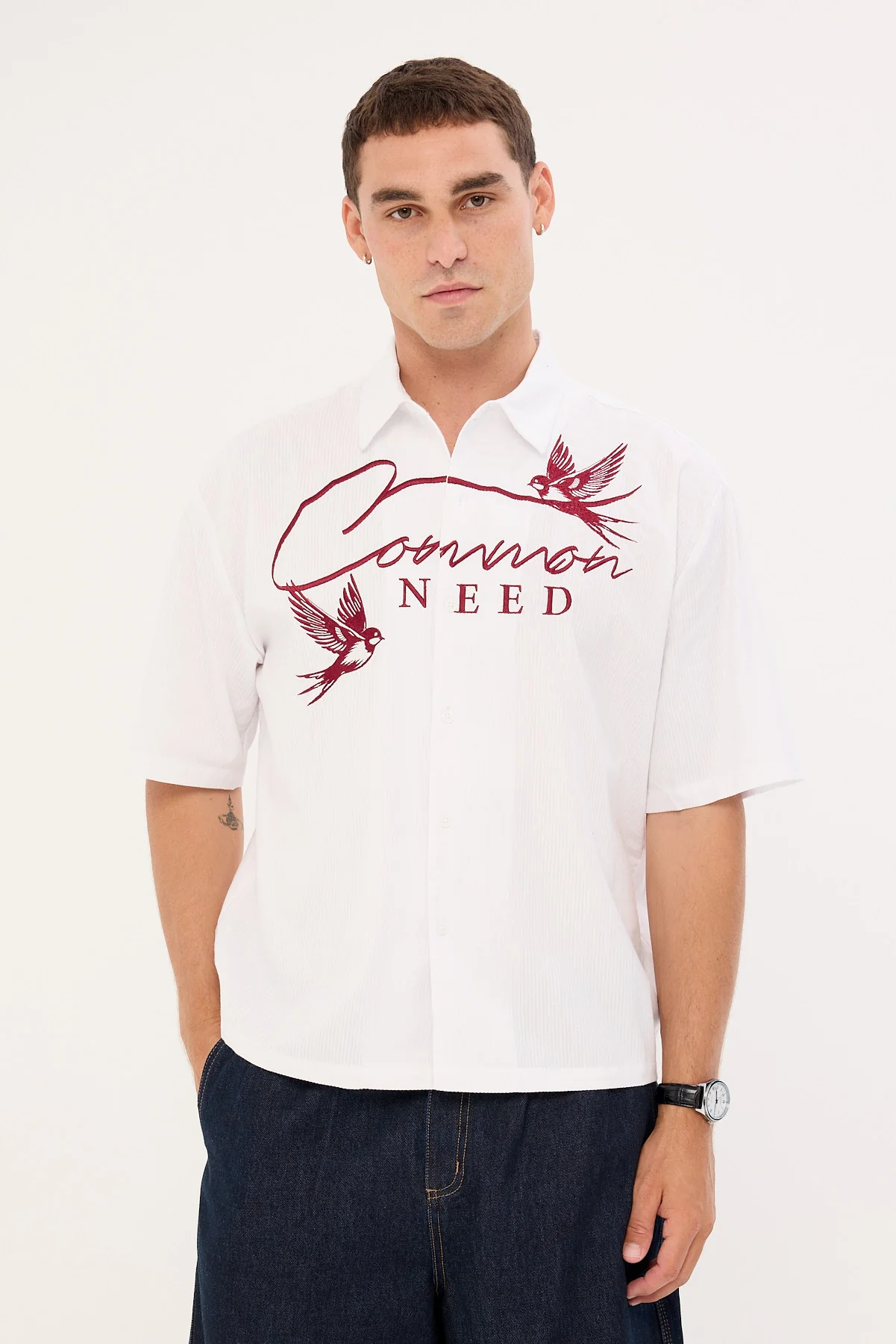 Common Need Swallows Boxy Cropped Shirt White Stripe
