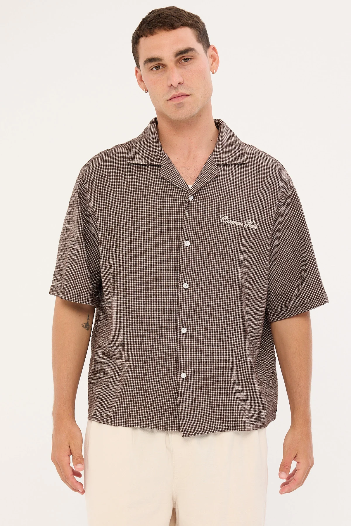 Common Need Truman Boxy Cropped Resort Shirt Brown Check - Image 3