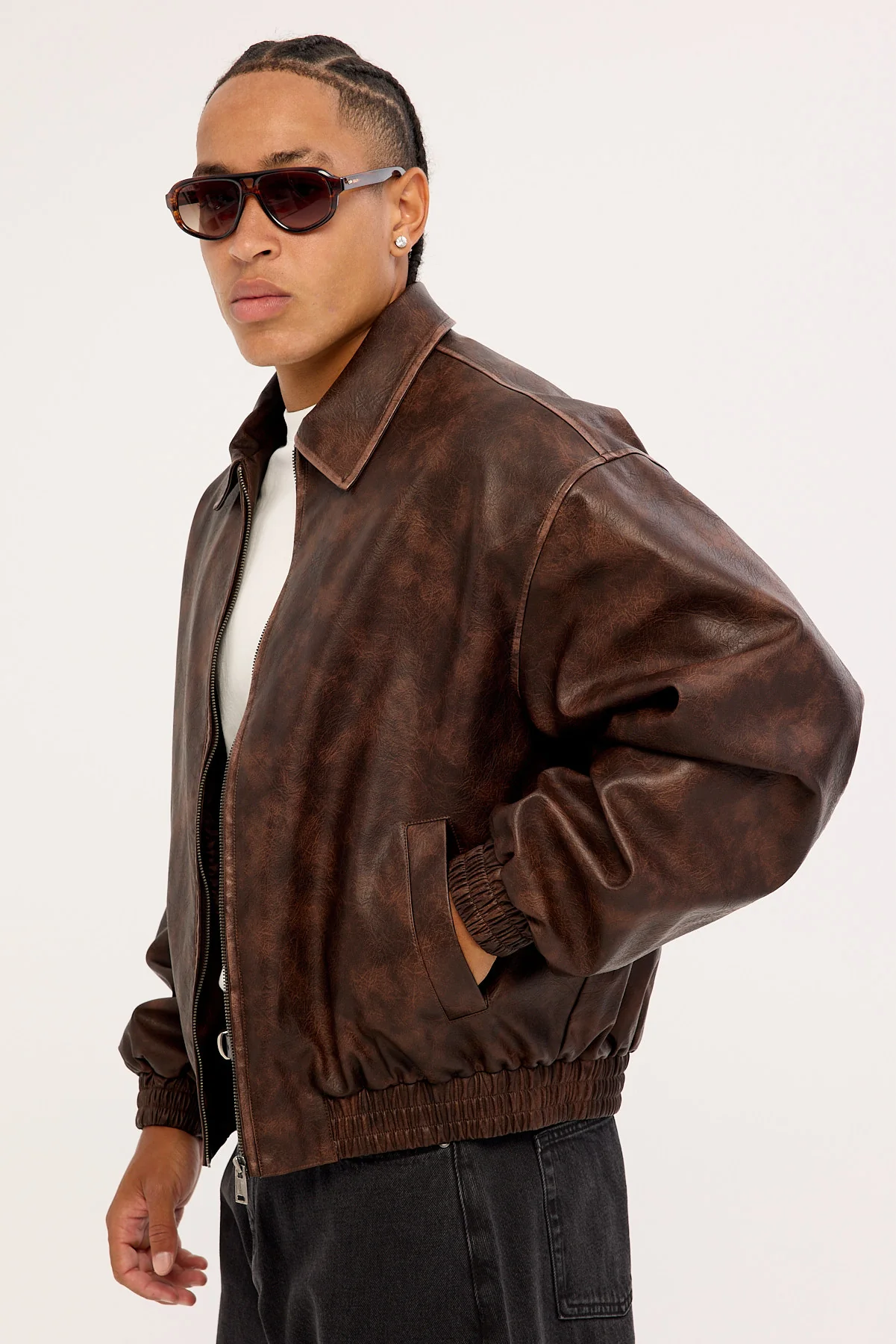 Common Need Wingman Recycled PU Leather Jacket Washed Brown - Image 4