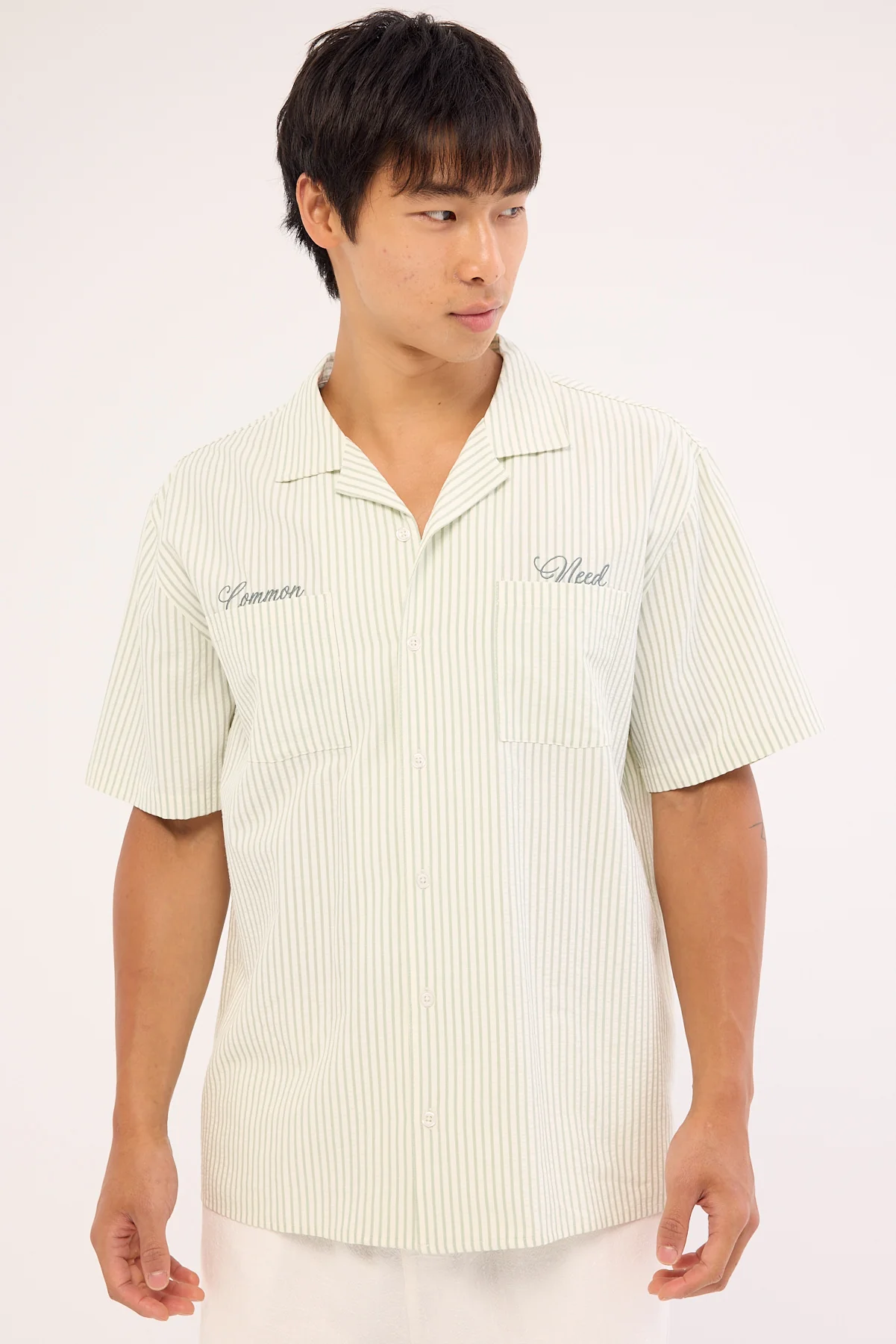 Common Need Yorick Seersucker Resort Shirt Sage Stripe