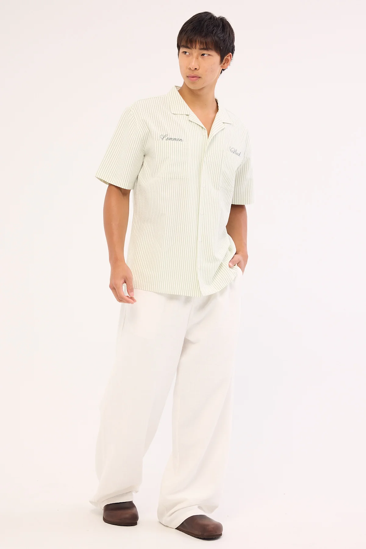 Common Need Yorick Seersucker Resort Shirt Sage Stripe - Image 3