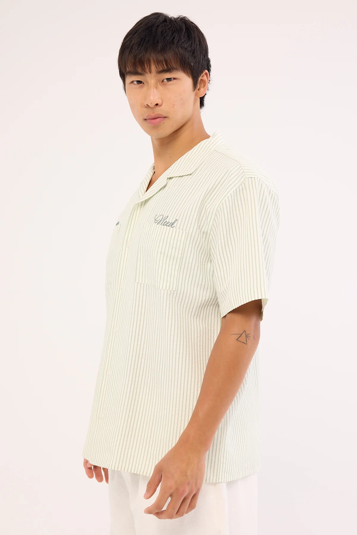 Common Need Yorick Seersucker Resort Shirt Sage Stripe - Image 4