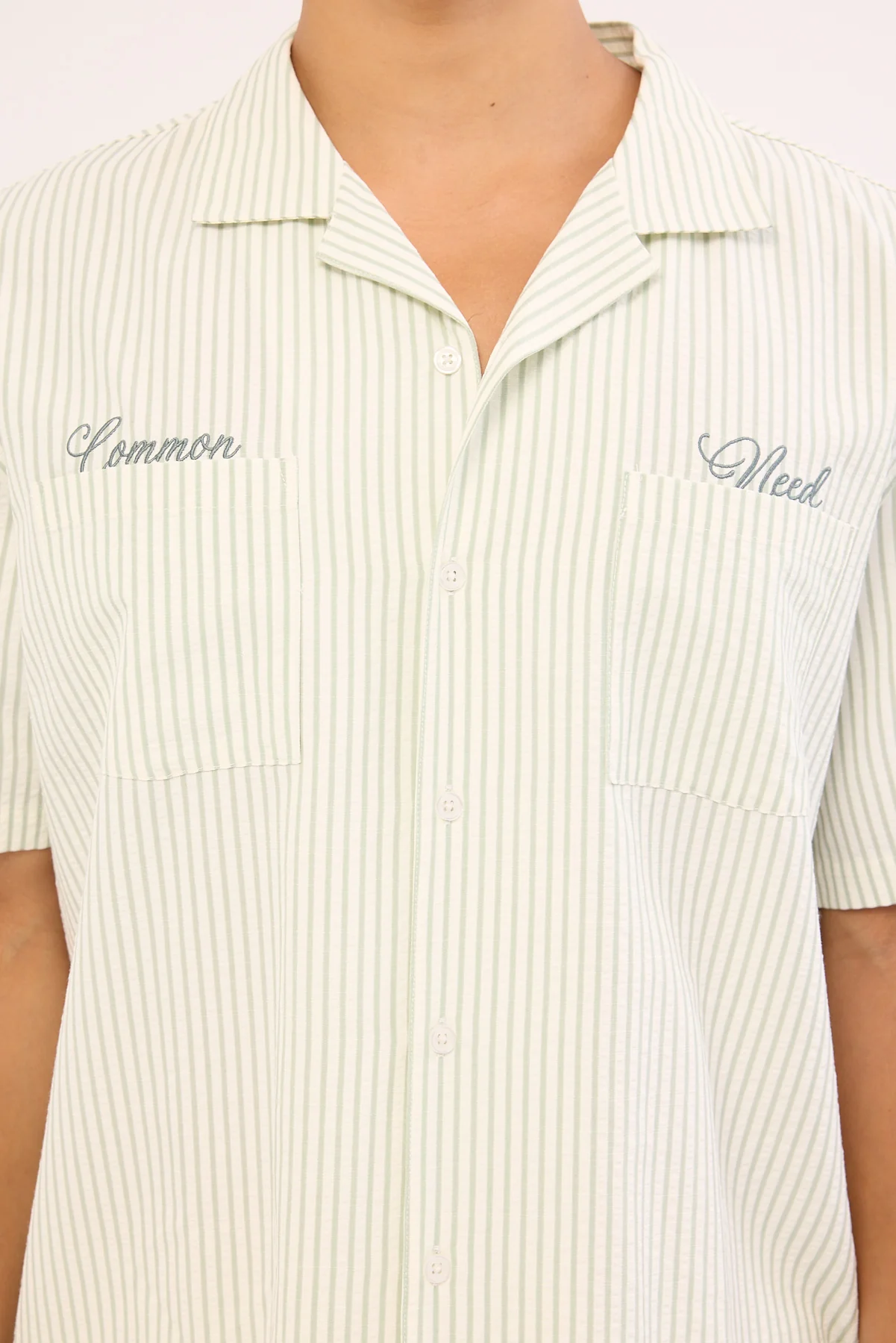Common Need Yorick Seersucker Resort Shirt Sage Stripe - Image 6