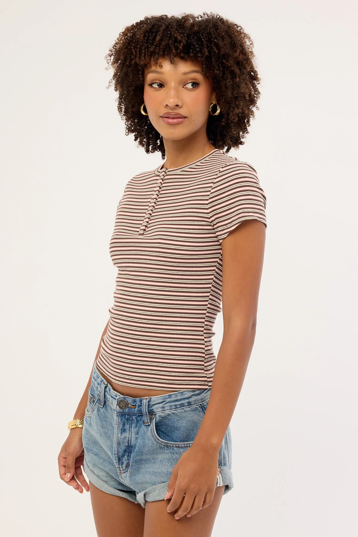 L&t Button Front T-shirt Pink and Brown Stripe - Image 3