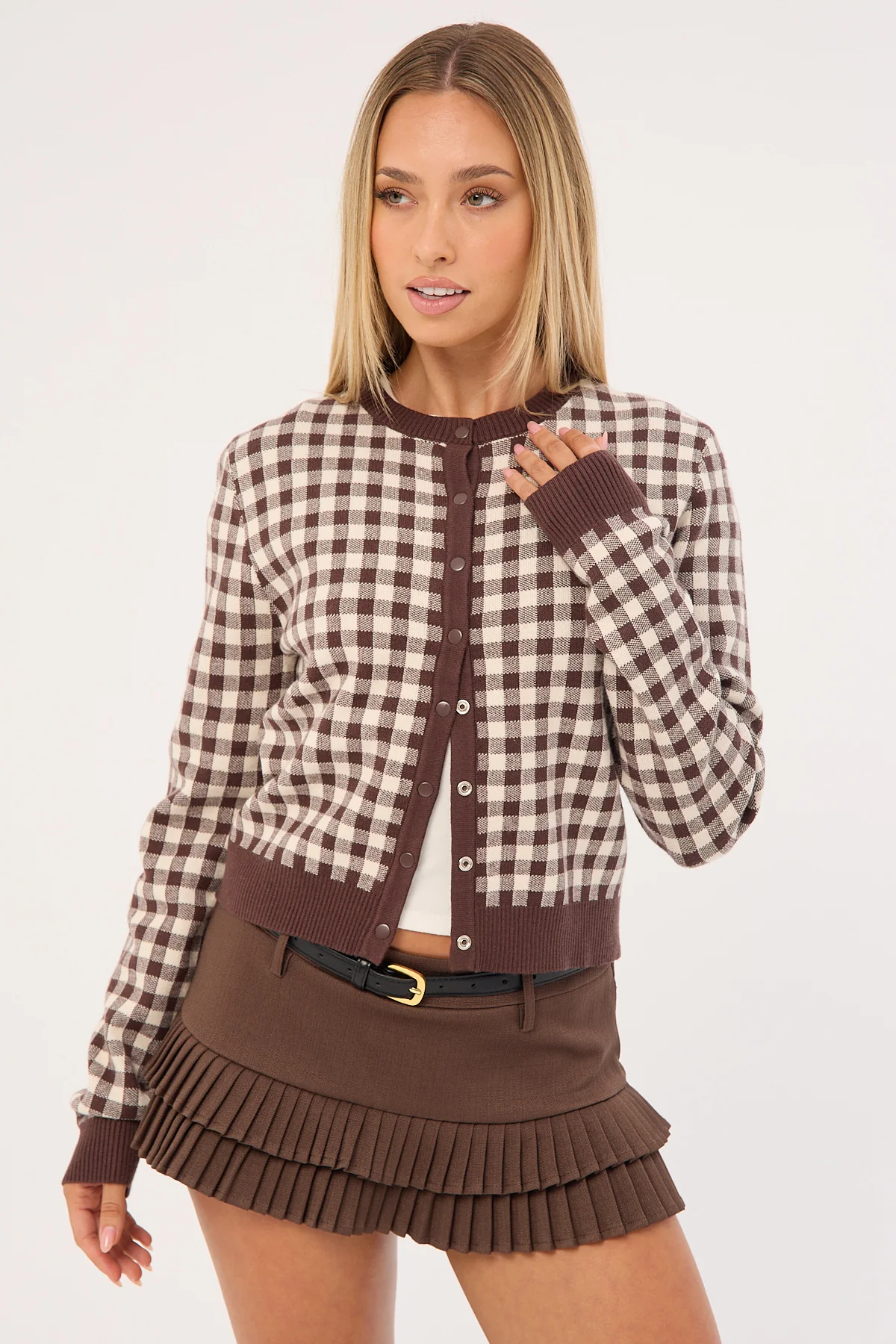 Lioness Head In The Clouds Cardigan Brown Check - Image 3