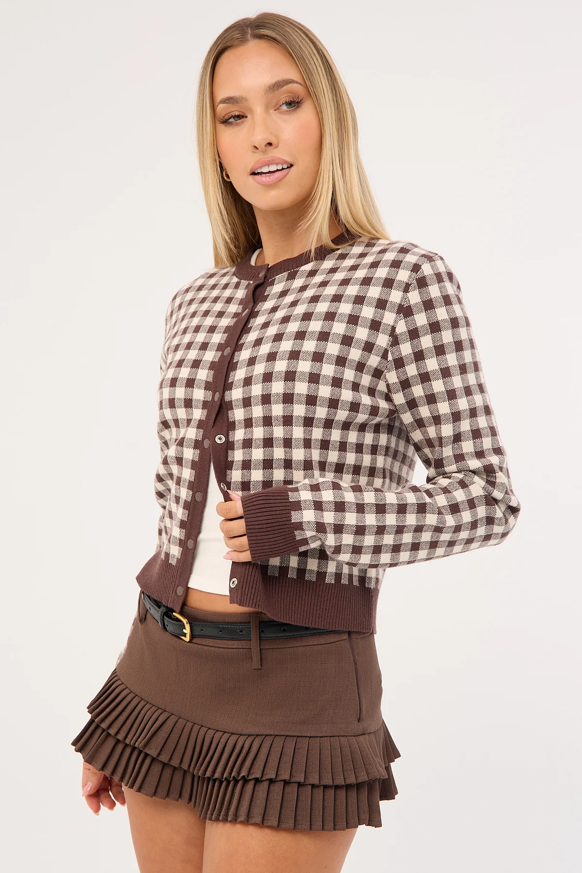 Lioness Head In The Clouds Cardigan Brown Check - Image 5