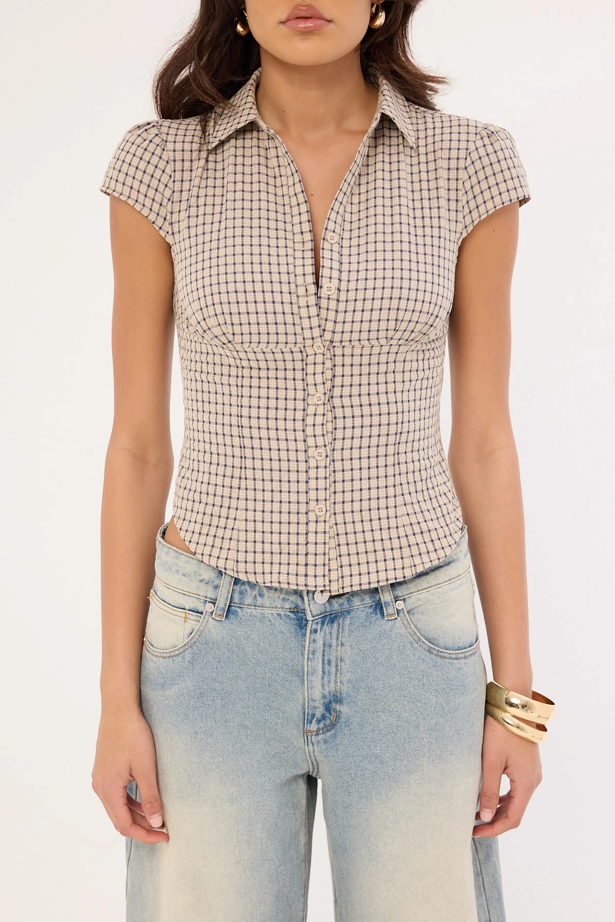 Lioness Mon Cheri Blouse Vintage Beige Plaid - Image 7