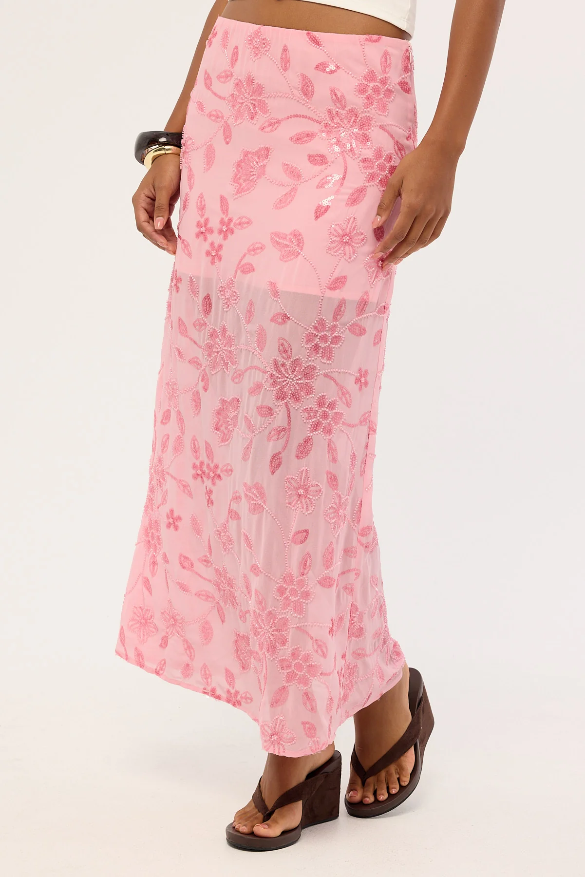 Luck & Trouble Adelyn Beaded Sequin Maxi Skirt Pink - Image 3
