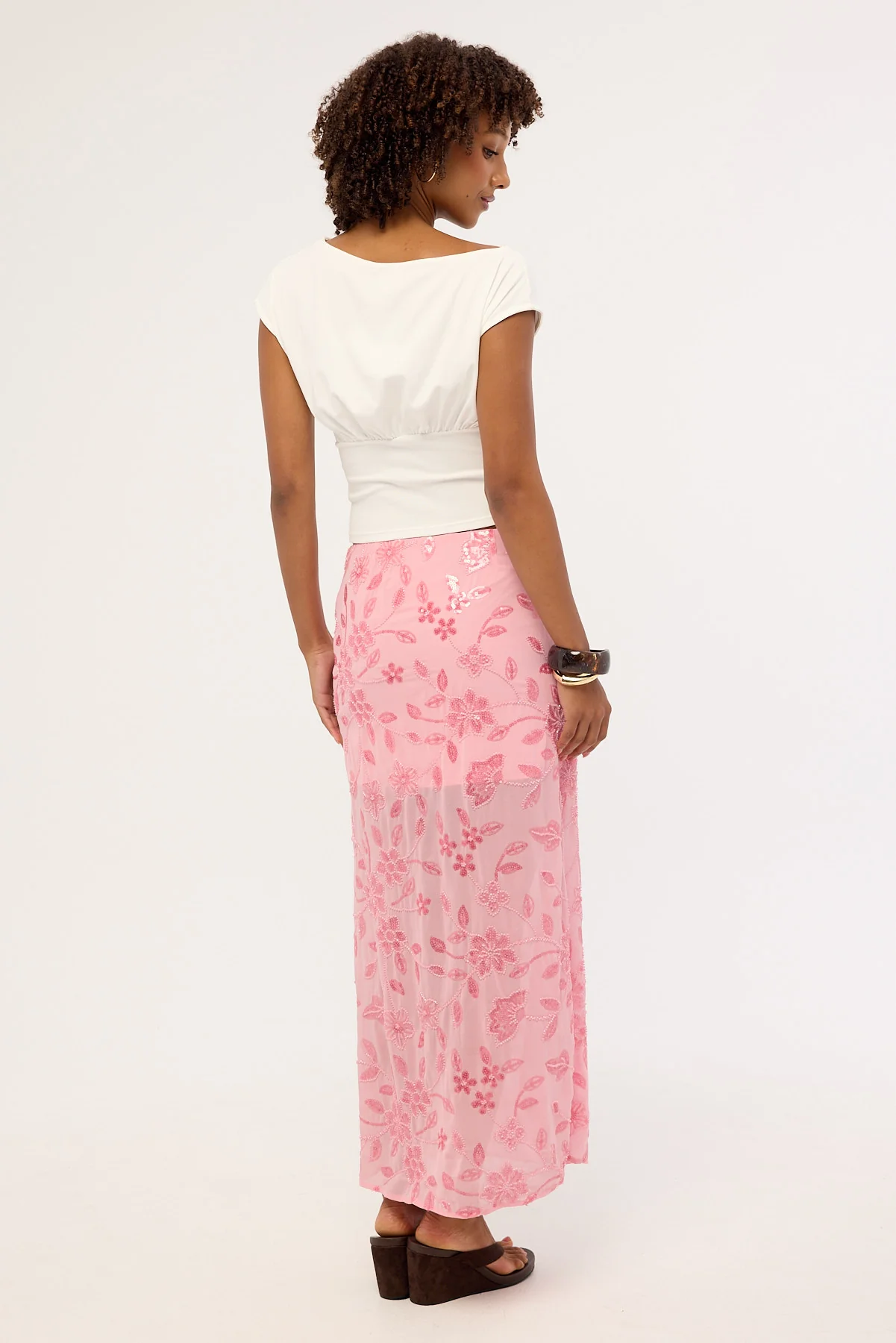 Luck & Trouble Adelyn Beaded Sequin Maxi Skirt Pink - Image 5