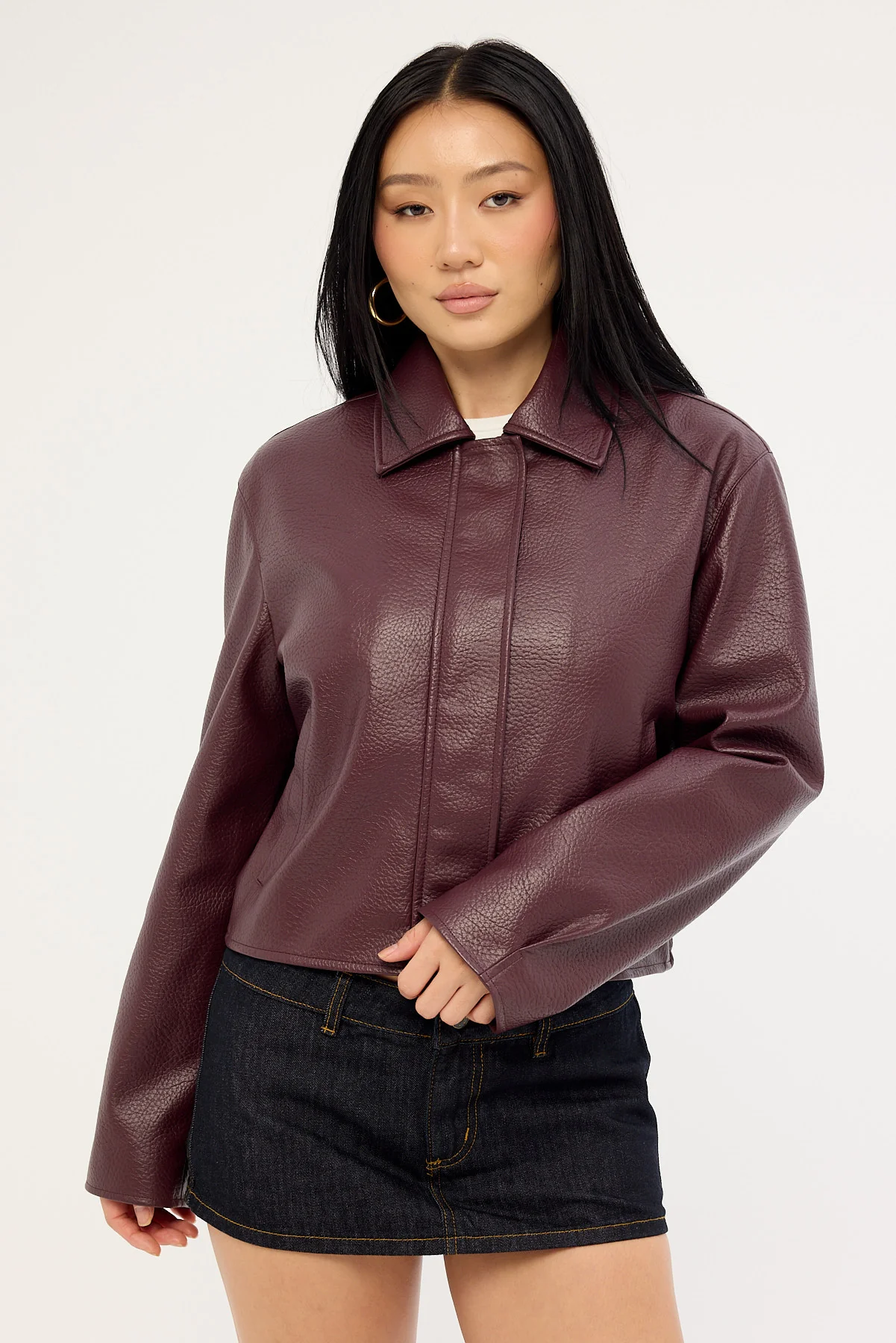 Luck & Trouble Alena Collared PU Jacket Plum - Image 6