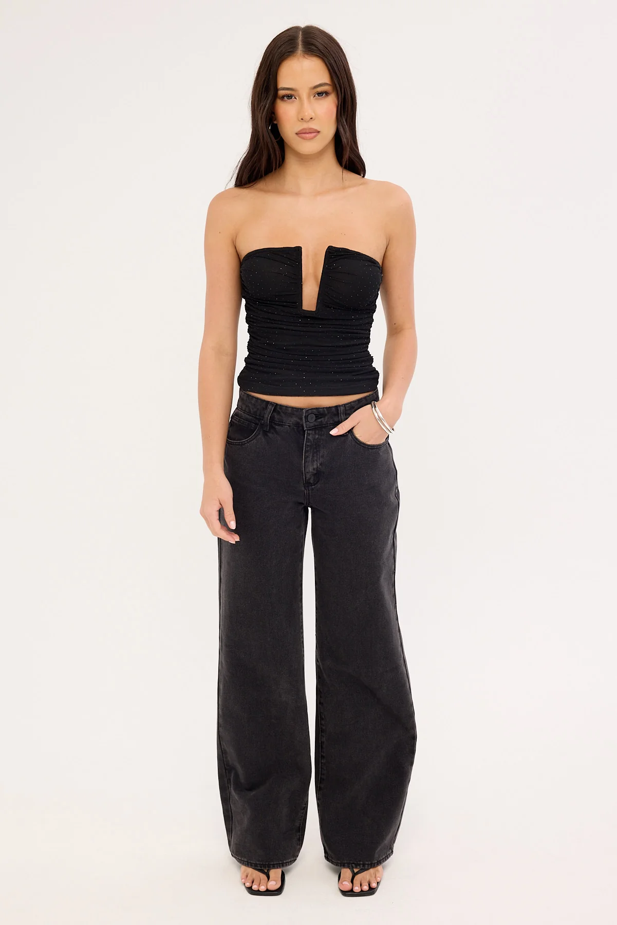 Luck & Trouble Alicia Shimmer Strapless Top Black - Image 2