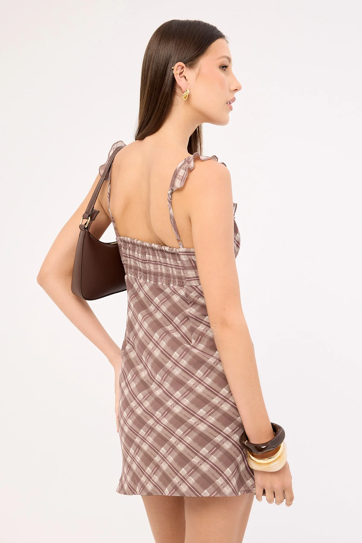 Luck & Trouble Alina Chiffon Mini Dress Brown Plaid - Image 5