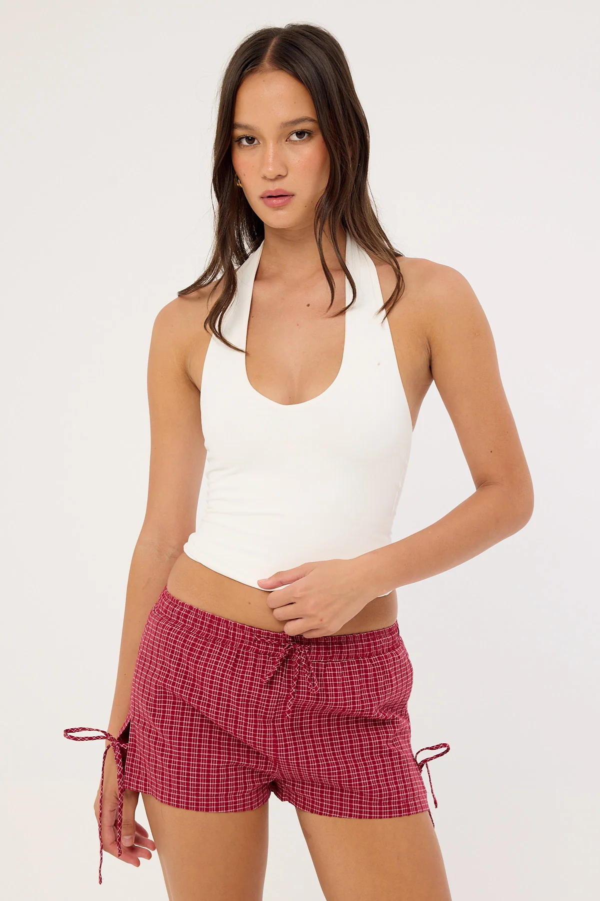 Luck & Trouble Andie Elasticated Tie Short Burgundy Check - Image 2