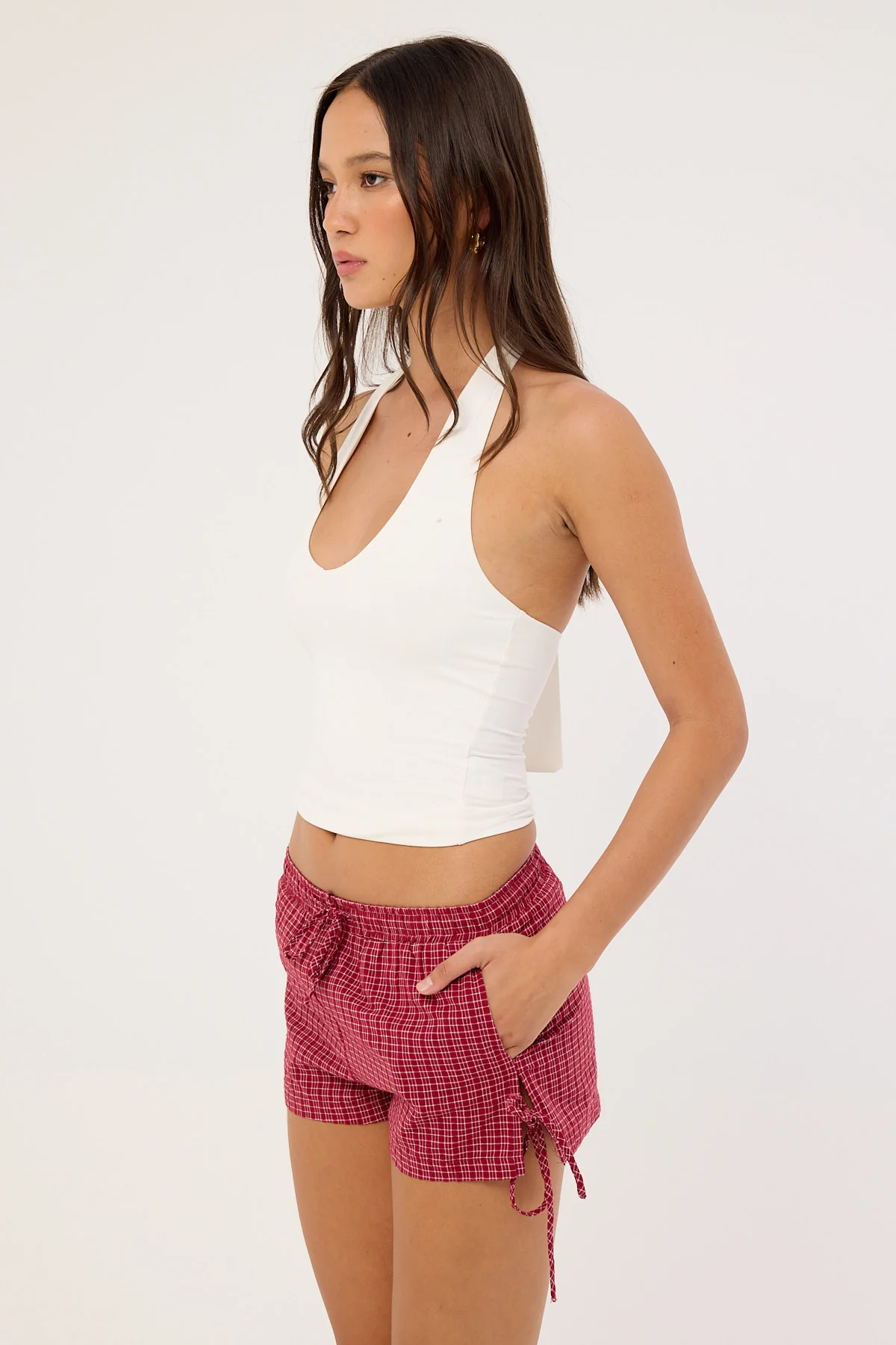 Luck & Trouble Andie Elasticated Tie Short Burgundy Check - Image 3