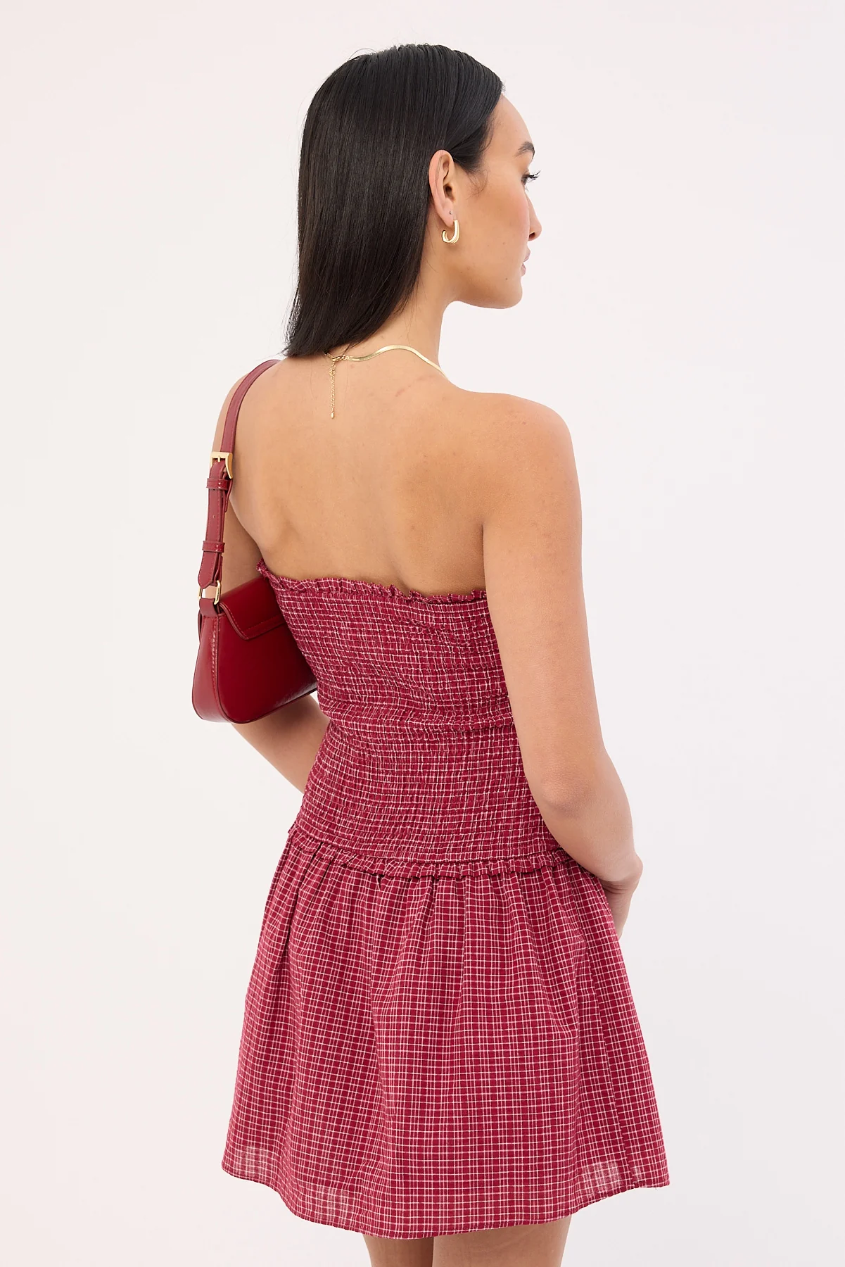Luck & Trouble Andie Shirred Mini Dress Burgundy Check - Image 7