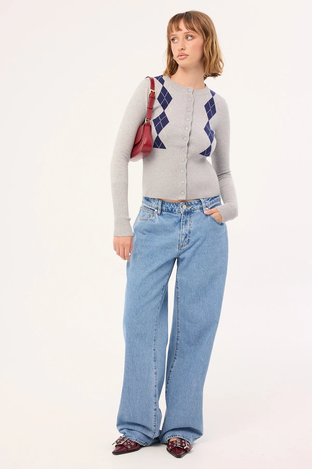 Luck & Trouble Argyle Knit Cardigan Grey Argyle