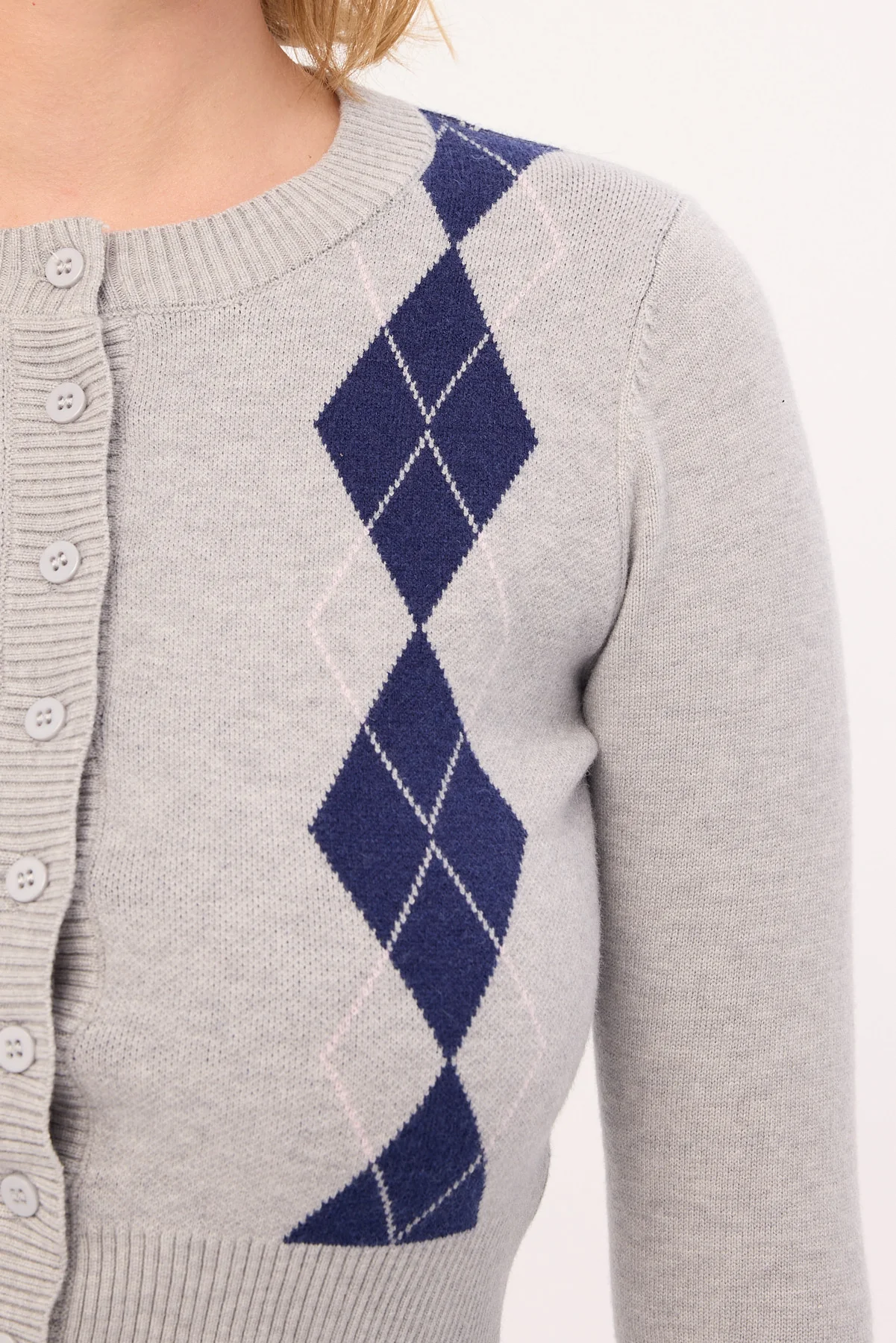 Luck & Trouble Argyle Knit Cardigan Grey Argyle - Image 3