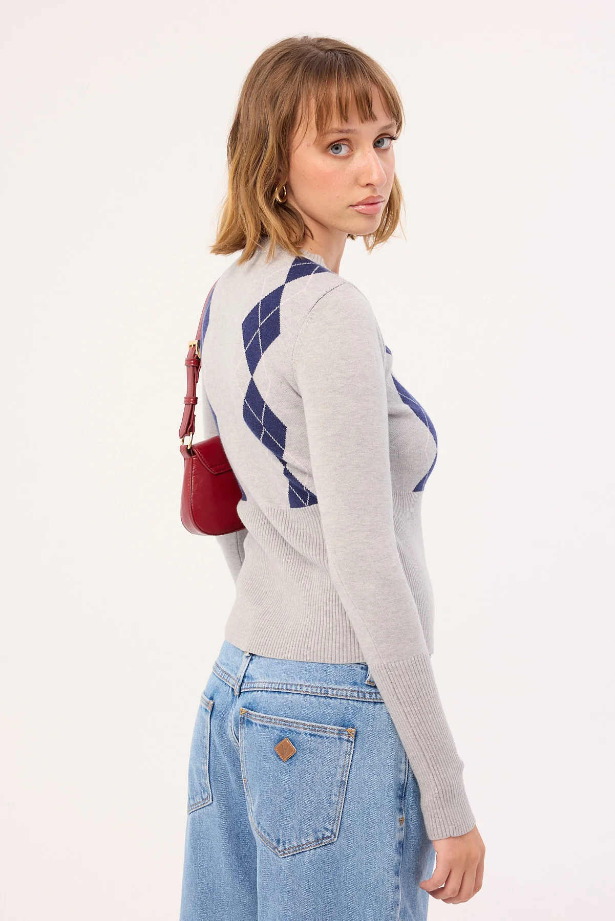 Luck & Trouble Argyle Knit Cardigan Grey Argyle - Image 5