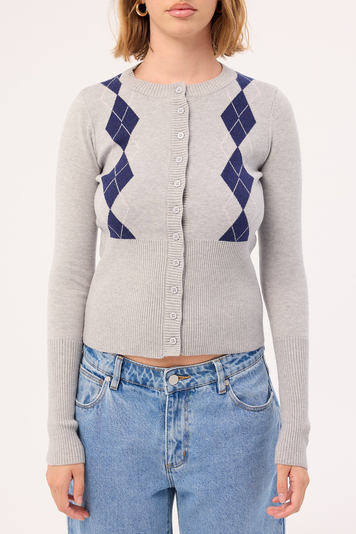 Luck & Trouble Argyle Knit Cardigan Grey Argyle - Image 6
