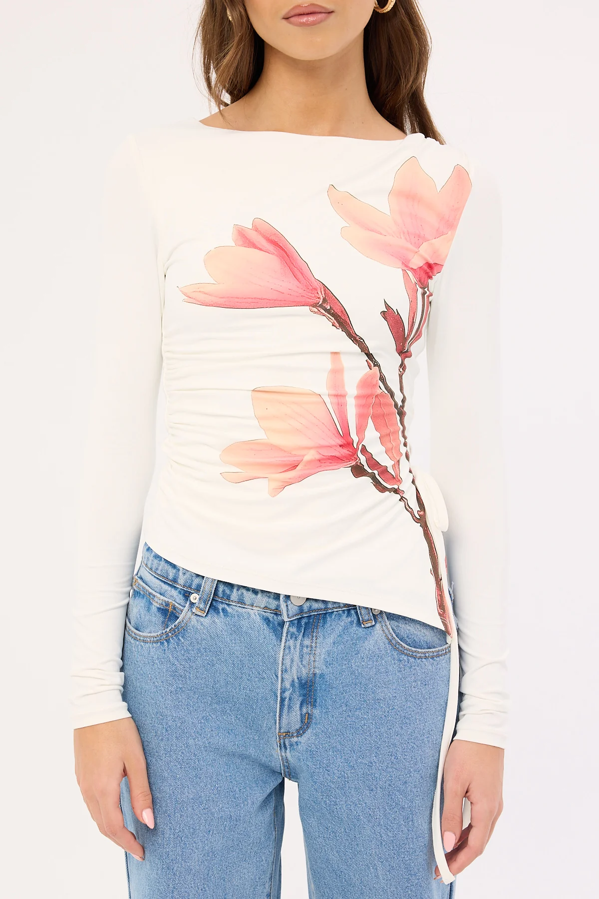 Luck & Trouble August Asymmetrical Long Sleeve Top White Print - Image 8