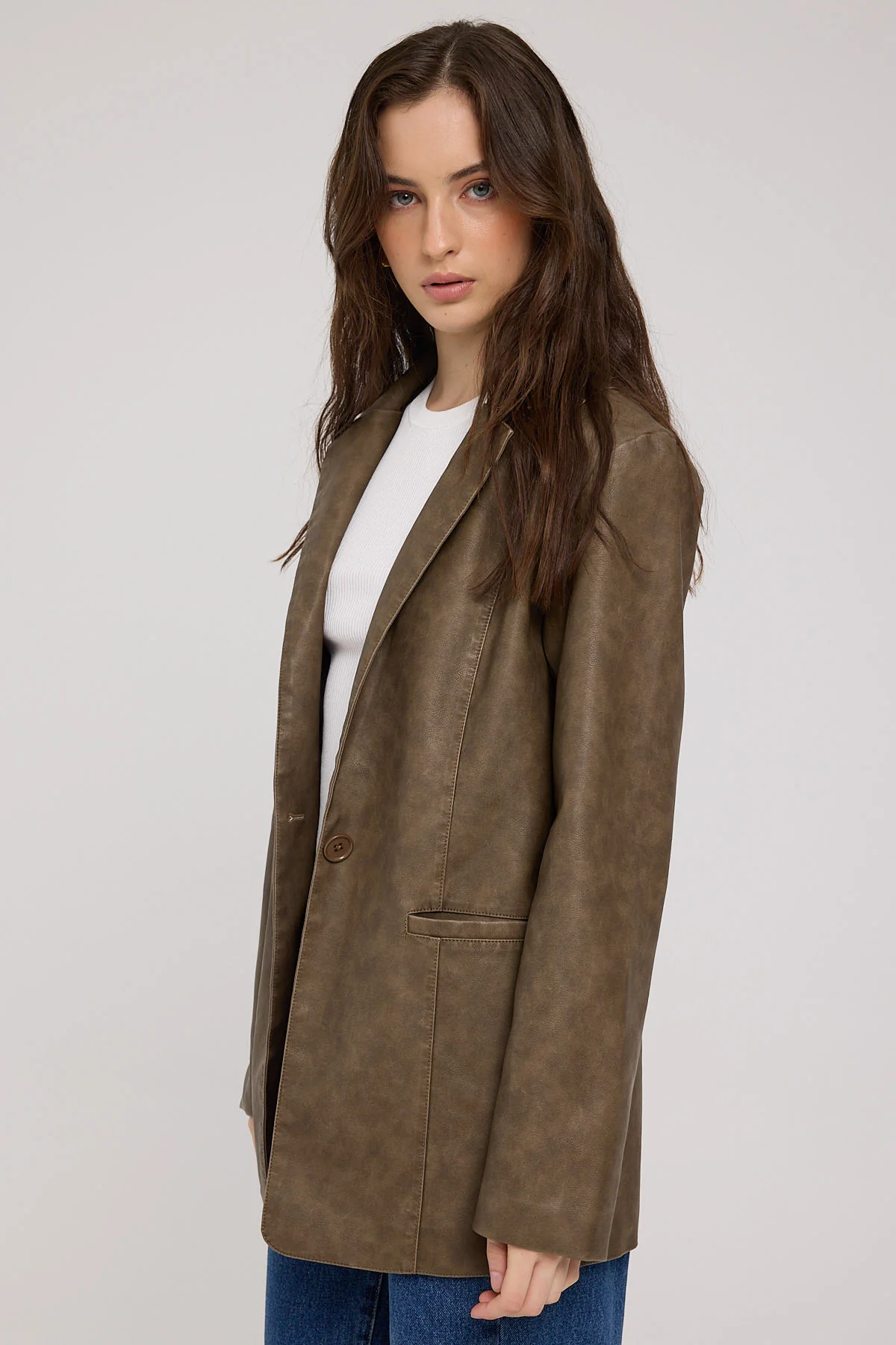 Luck & Trouble Baylor Textured PU Blazer Washed Brown - Image 3