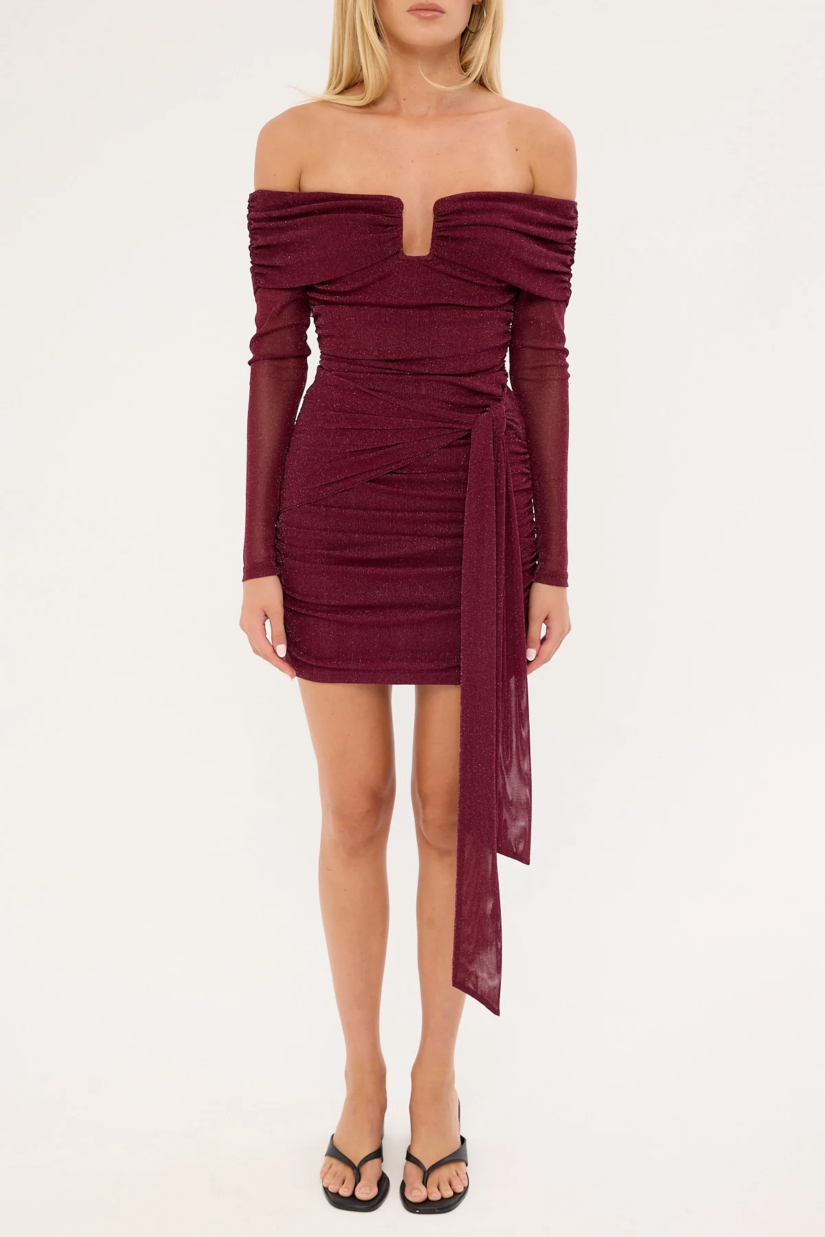 Luck & Trouble Bella Off Shoulder Long Sleeve Mini Dress Burgundy - Image 7