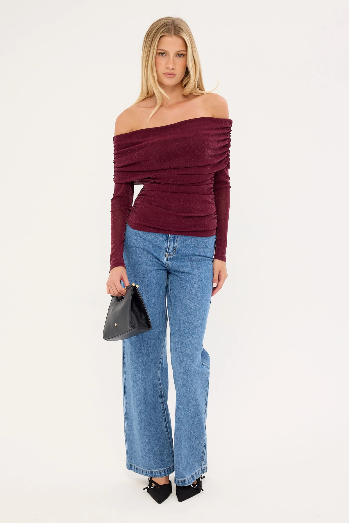 Luck & Trouble Bella Off Shoulder Long Sleeve Top Burgundy - Image 2
