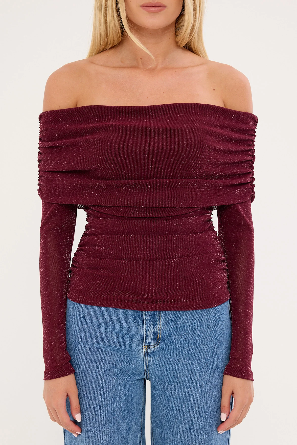 Luck & Trouble Bella Off Shoulder Long Sleeve Top Burgundy - Image 6