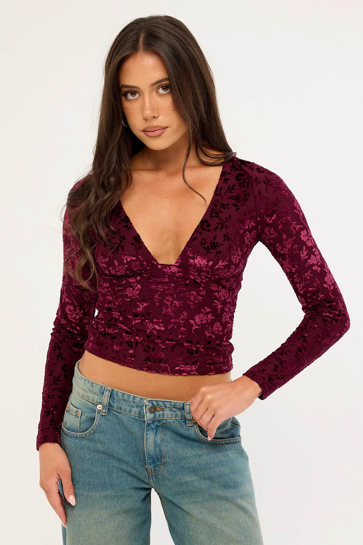 Luck & Trouble Bridie Flocked Long Sleeve Top Burgundy