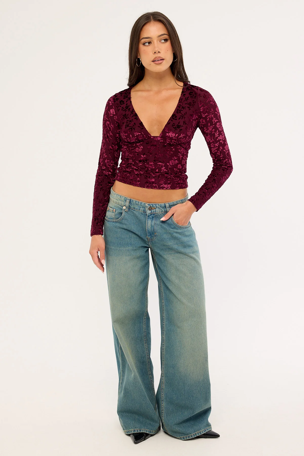 Luck & Trouble Bridie Flocked Long Sleeve Top Burgundy - Image 2