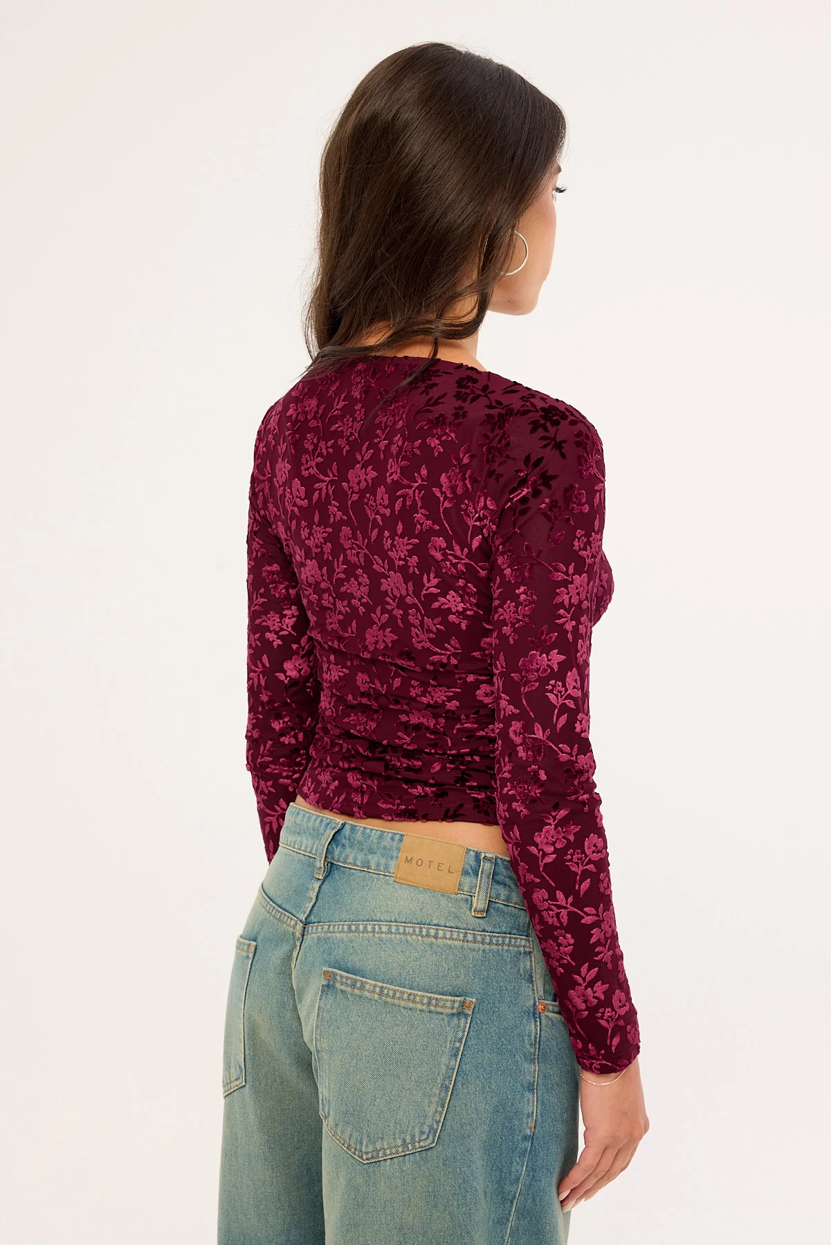 Luck & Trouble Bridie Flocked Long Sleeve Top Burgundy - Image 5