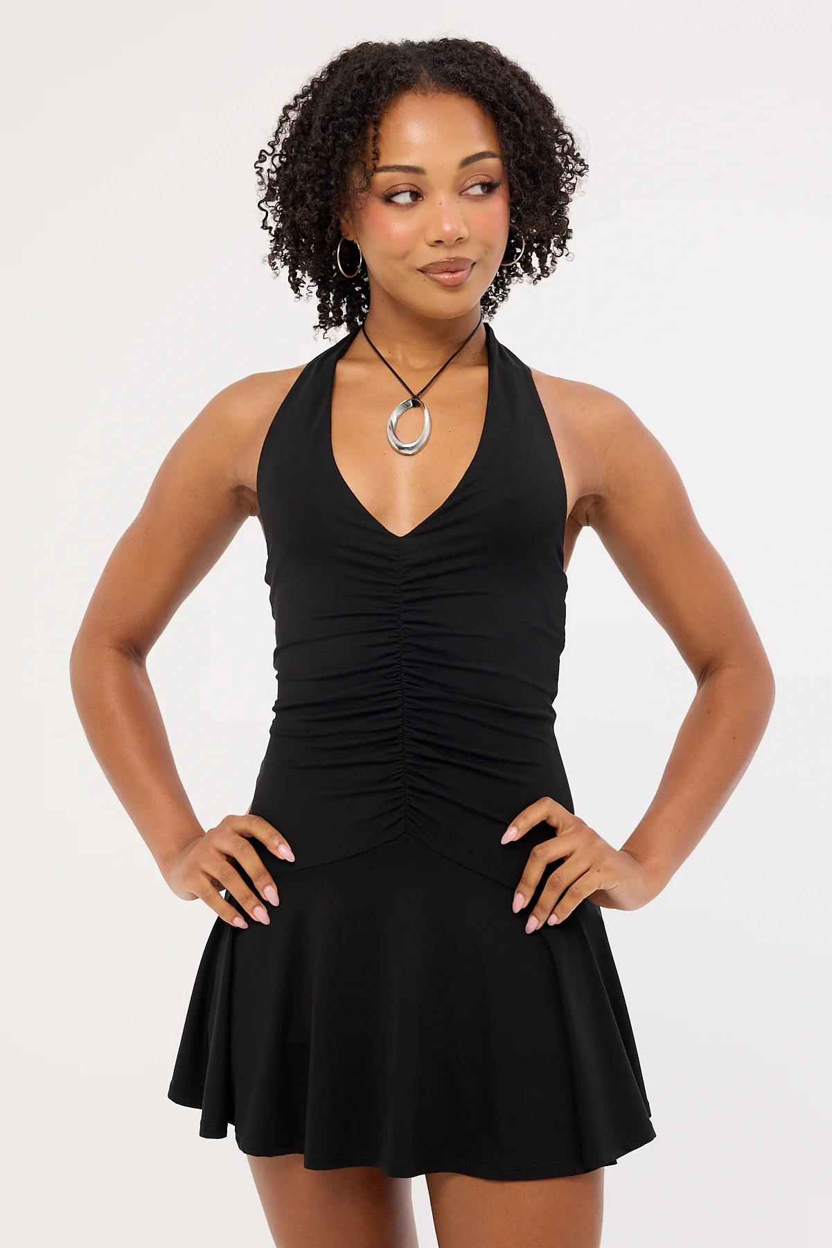 Luck & Trouble Brioni Ruched Halter Mini Dress Black - Image 3