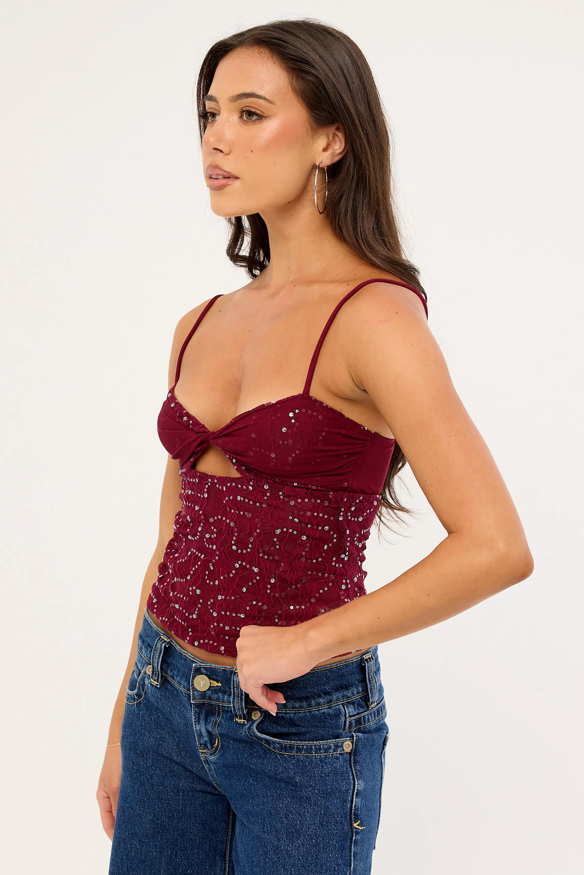 Luck & Trouble Celina Sequin Lace Cami Top Burgundy - Image 4