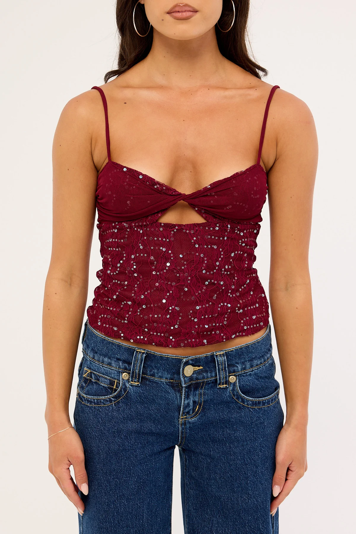 Luck & Trouble Celina Sequin Lace Cami Top Burgundy - Image 6
