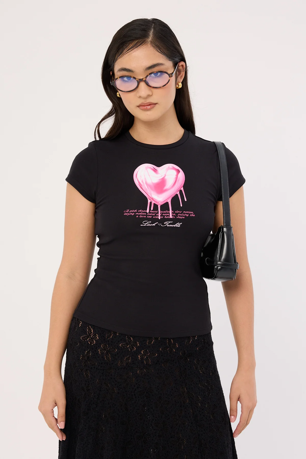 Luck & Trouble Chrome Heart Baby Tee Black - Image 3