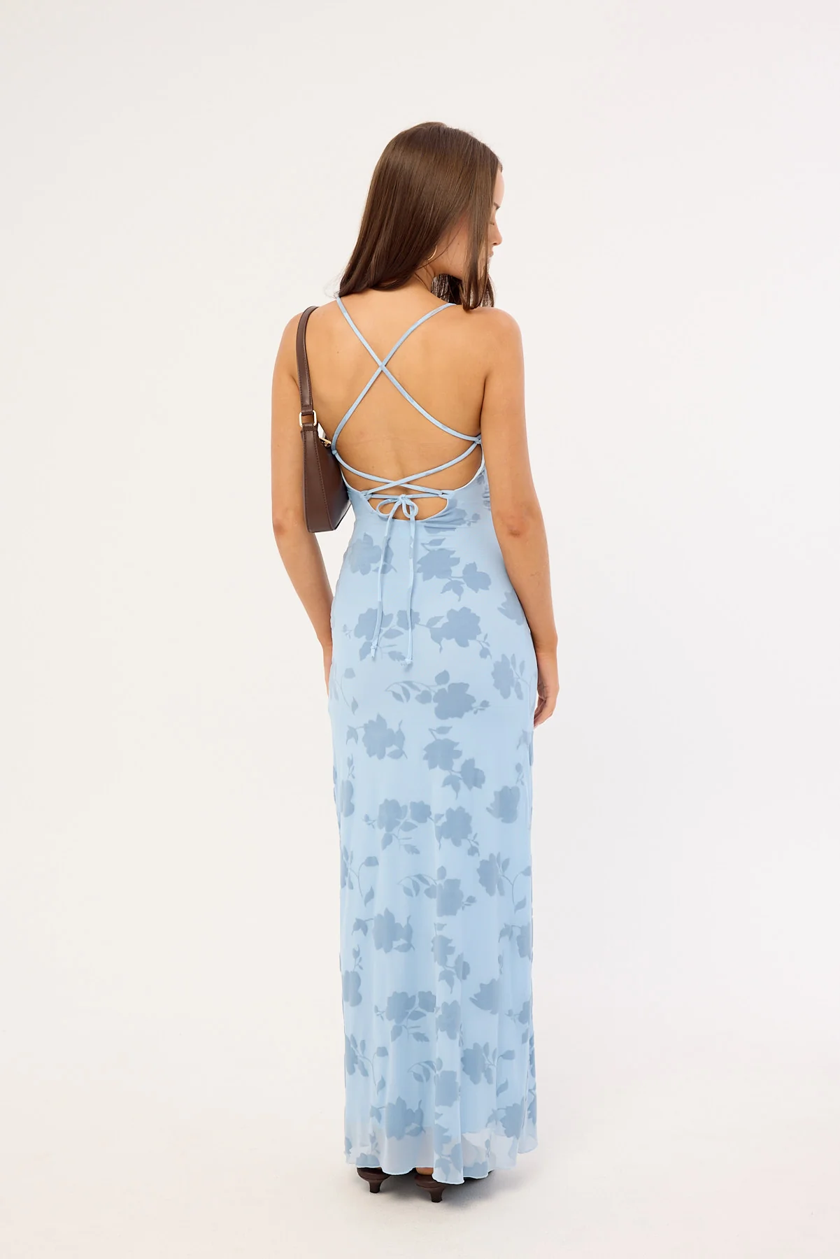 Luck & Trouble Claudia Lace Up Flocking Maxi Dress Blue - Image 4