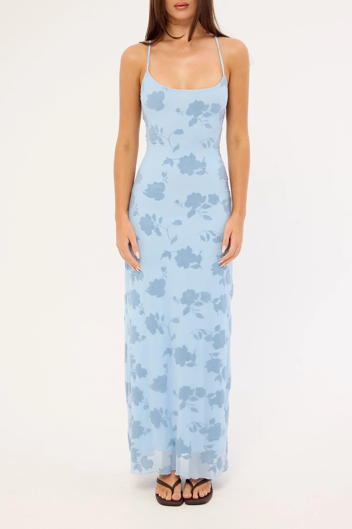 Luck & Trouble Claudia Lace Up Flocking Maxi Dress Blue - Image 6