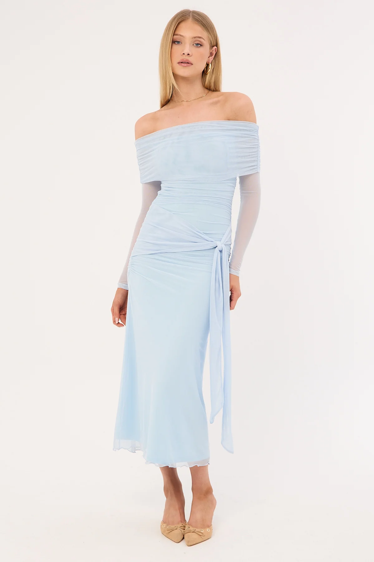 Luck & Trouble Elyse Off Shoulder Long Sleeve Maxi Dress Blue
