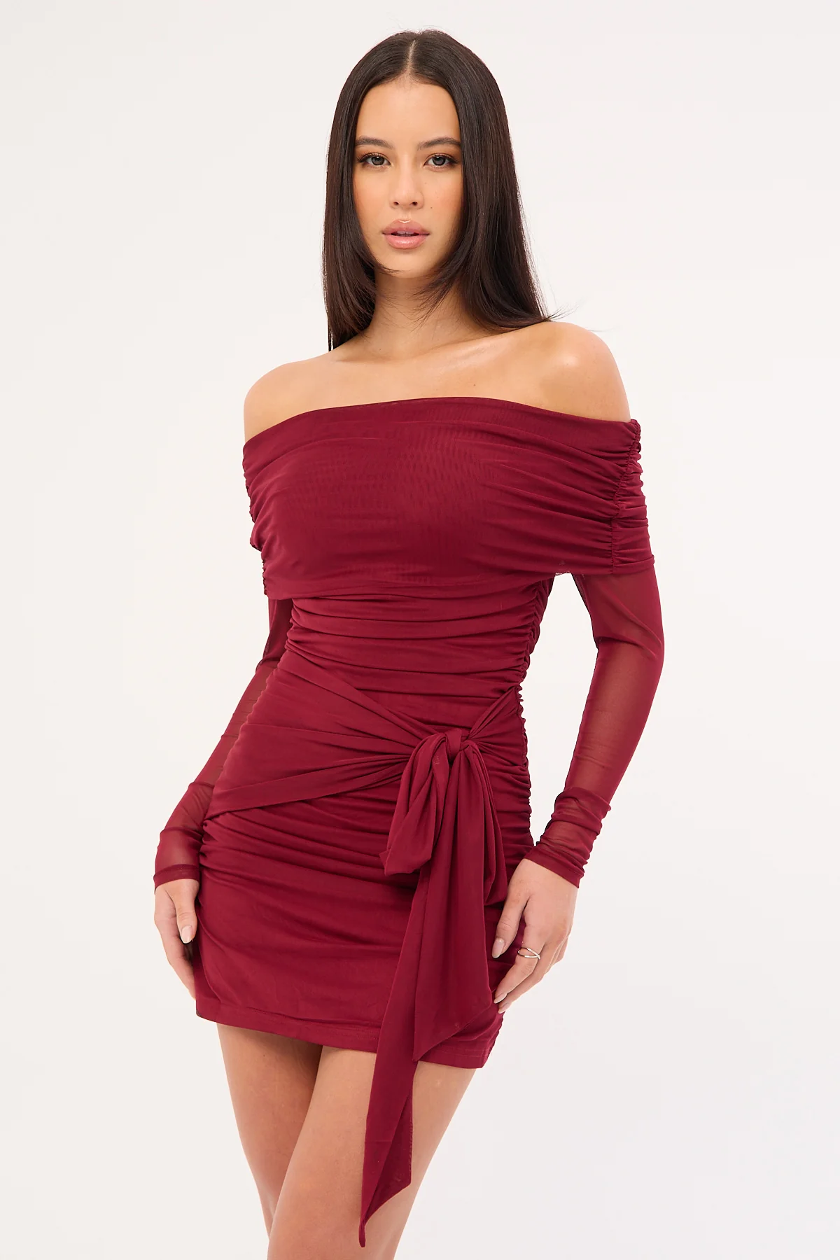 Luck & Trouble Elyse Off Shoulder Long Sleeve Mini Dress Burgundy - Image 2