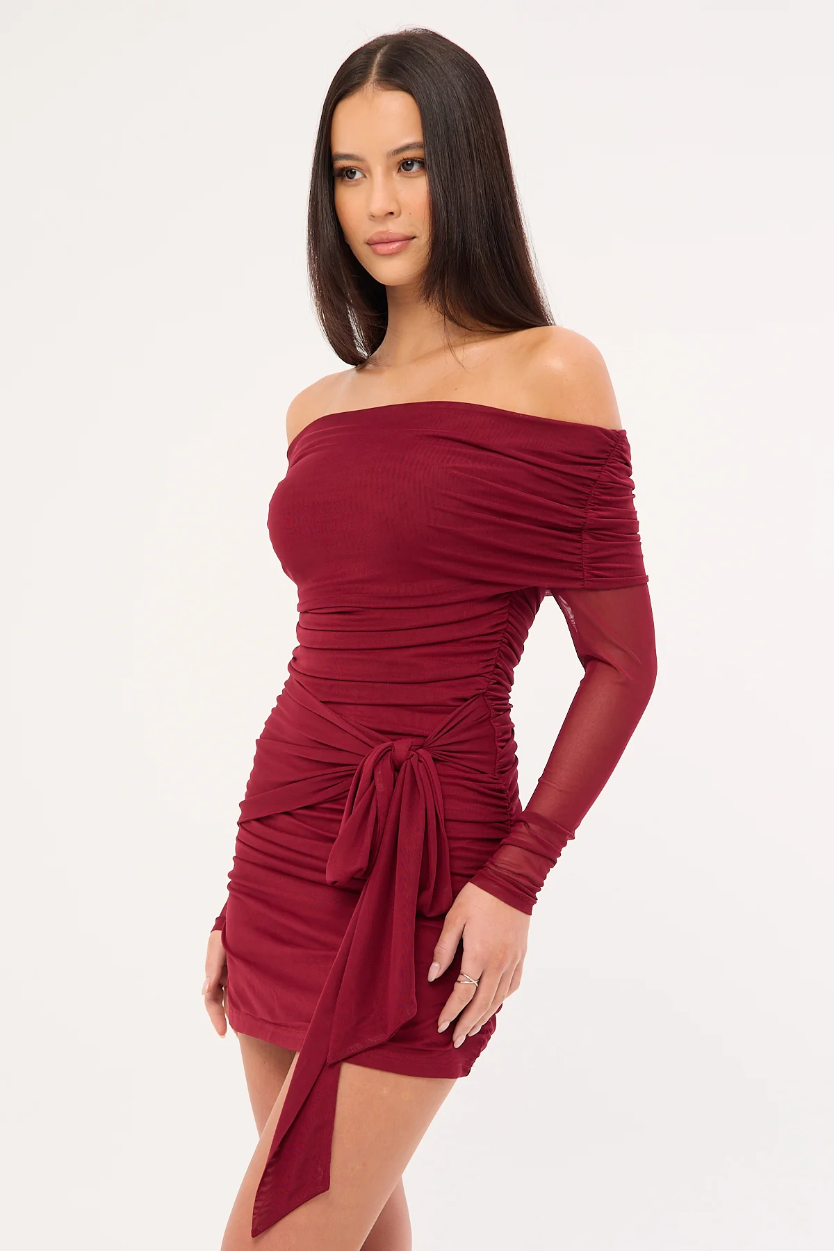 Luck & Trouble Elyse Off Shoulder Long Sleeve Mini Dress Burgundy - Image 5