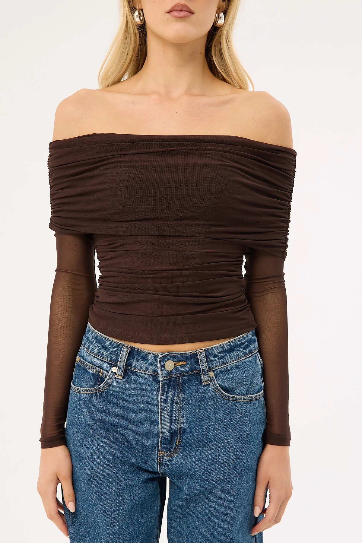 Luck & Trouble Elyse Off Shoulder Long Sleeve Top Brown - Image 7