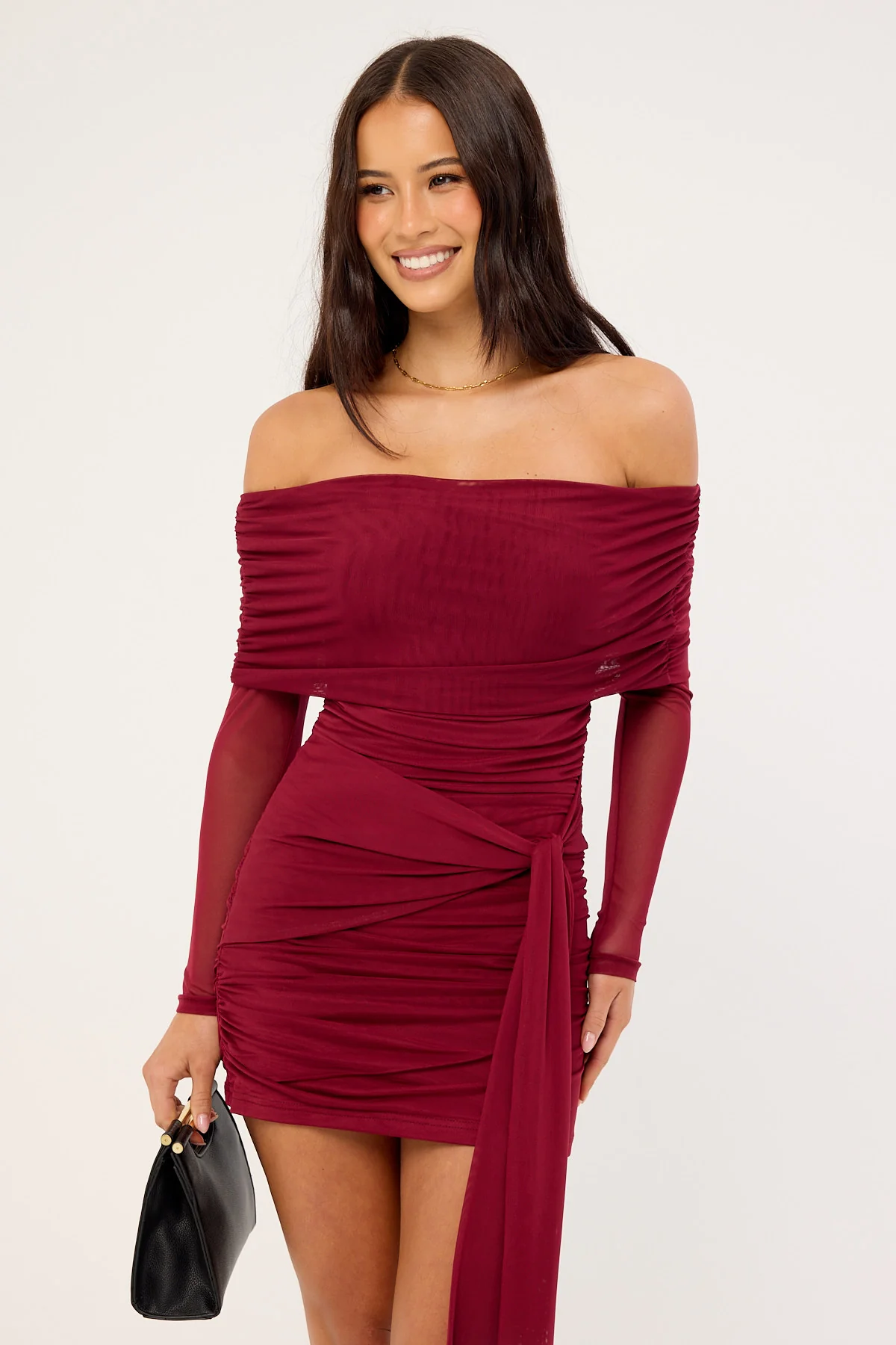 Luck & Trouble Elyse Off Shoulder Recycle Long Sleeve Mini Dress Burgundy - Image 2